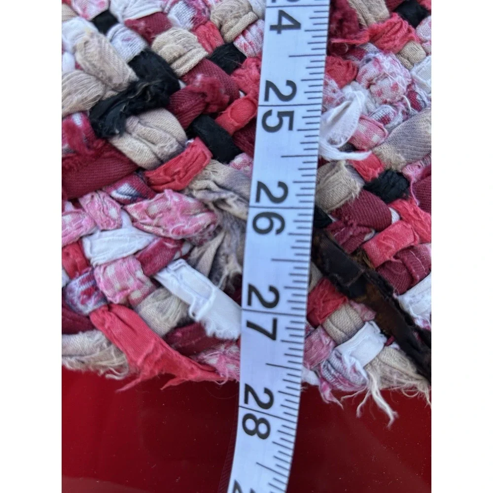 Handmade Braided Rag Rug 36x27 Red Pink Beige Black Farmhouse Cottage Decor